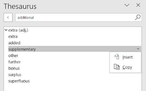 Image showing the Thesaurus pane