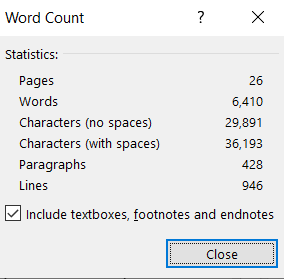 Image showing the Word Count dialog box