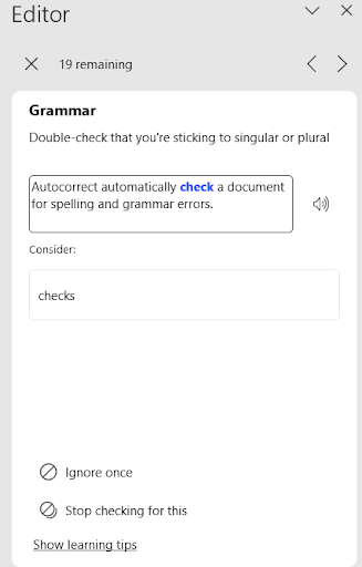 Image showing the Grammar checking options