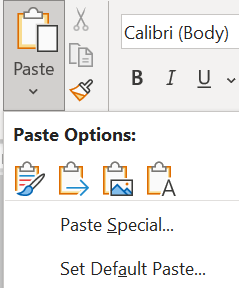 Image showing the paste options from the ribbon