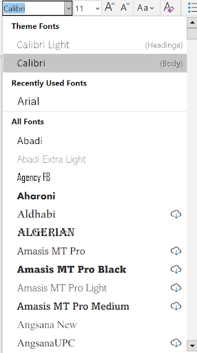 Image showing the Font type dropdown menu