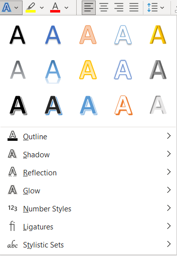 Image showing the Typography options button menu