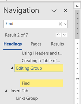 Image showing Navigation Pane and Results using Headings