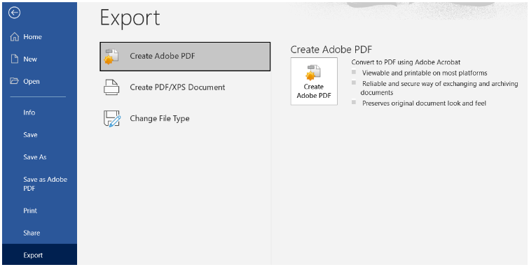 Image showing the Export options on the Backstage view