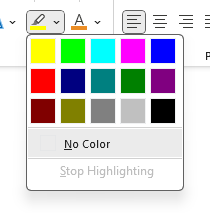Image showing The Text Highlight Color menu when the down arrow is clicked