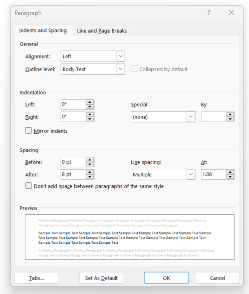 Image showing the paragraph dialog box