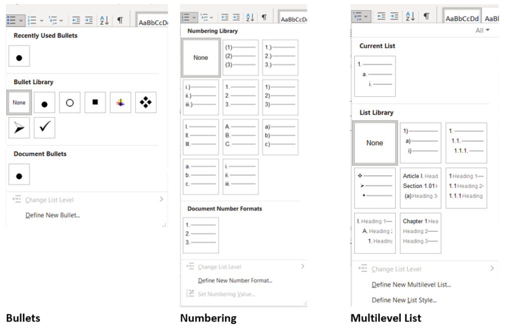 Image showing Additional options for Bullets, Numbering, and Multilevel List