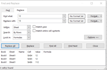 Image showing replace tab in the find and replace dialog box