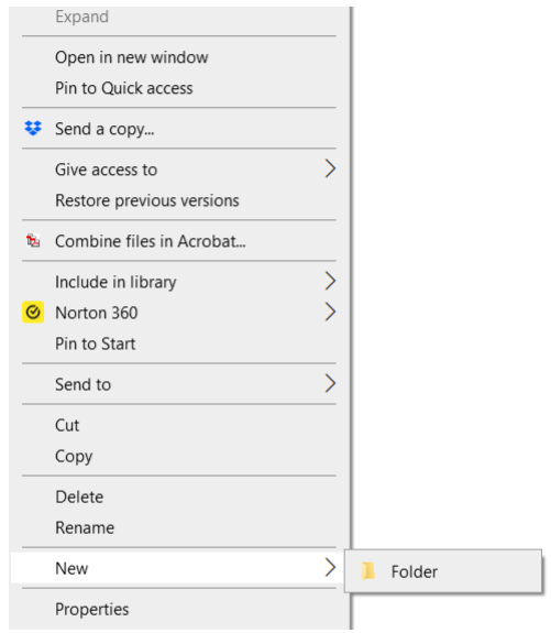 Image showing right click menu when clicking on a folder in navigation pane of Windows 10