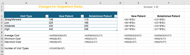 Image showing a completed practice worksheet with the formulas and functions used