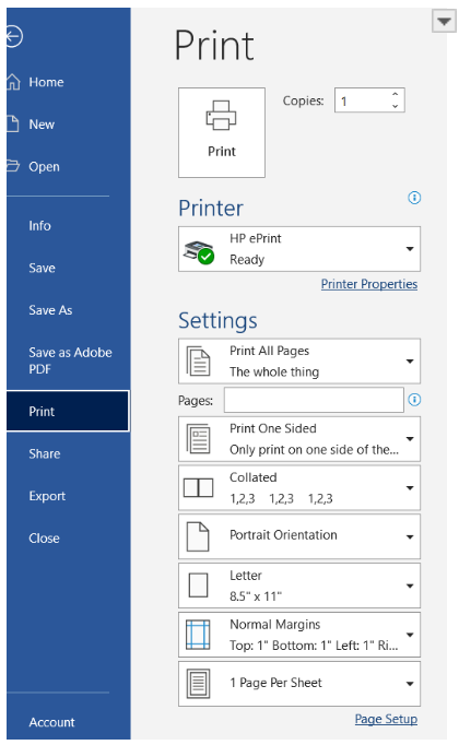 Image showing the print pane in Microsoft Word