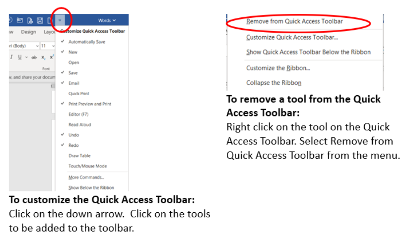 Image showing Steps to customize the Quick Access Toolbar by adding and removing tools.