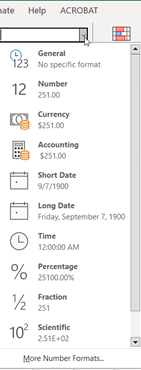Image showing number format dropdown menu
