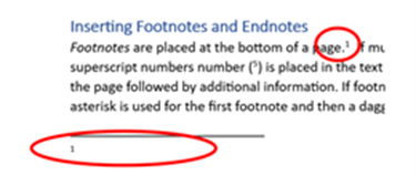 Image showing the superscript number that appears in text when a footnote is added