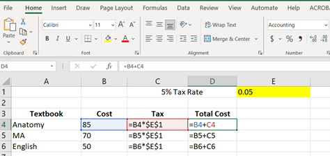 Image showing a worksheet that contains both a relative and absolute reference