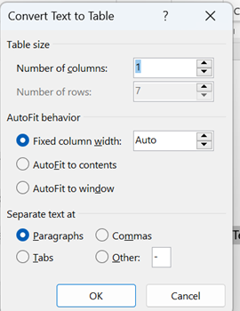 Image showing the covert text to table dialog box