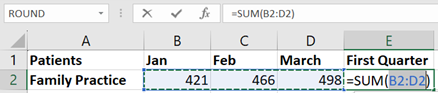 Image showing how Excel automatically highlights the cell range to the left that contain the numbers in the formula