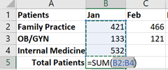 Image showing how Excel automatically highlights the cell range above the function