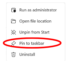 Image showing where to find the pin to taskbar option in the start menu