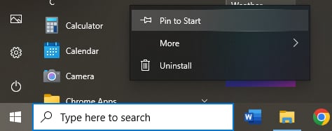 Image showing how to Pin an application to the start menu in windows 10