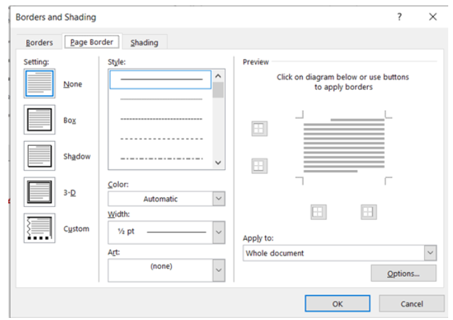 Image showing the Borders and Shading dialog box or Page Border tab