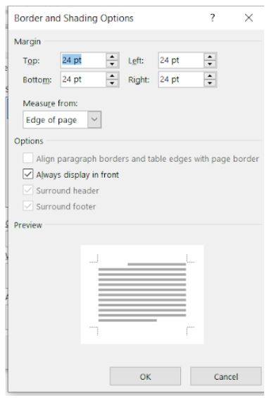 Image showing the Border and Shading Options dialog box that appears when the user clicks Options, on the Border and Shading dialog box