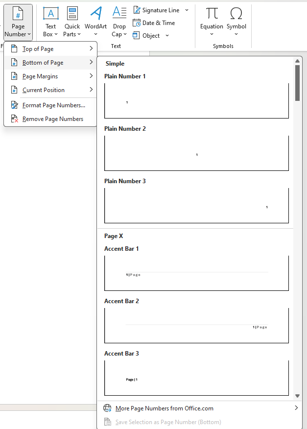 Image showing page number menu