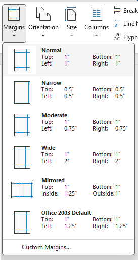 Image showing the margins drop-down menu