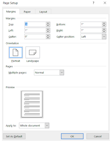 Image showing the page setup dialog box