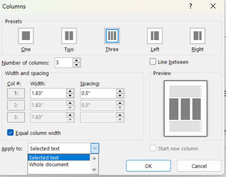 Image showing the columns dialog box