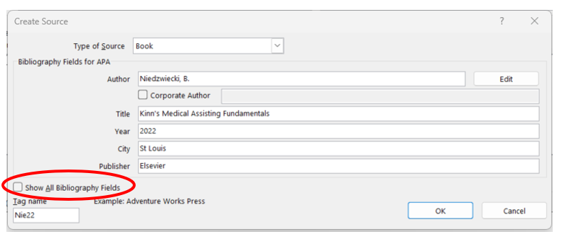 Image showing Create Source dialog box. To see all the fields, select the Show All Bibliography fields.