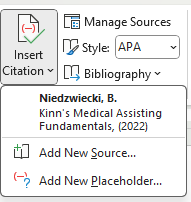 Image showing that once a new source is added, it will appear on the insert Citation dropdown menu