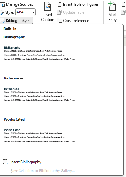 Image showing that The user can select either Bibliography, References, or Work Cited from the dropdown menu