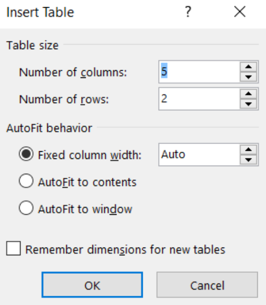 Image showing the insert table dialog box