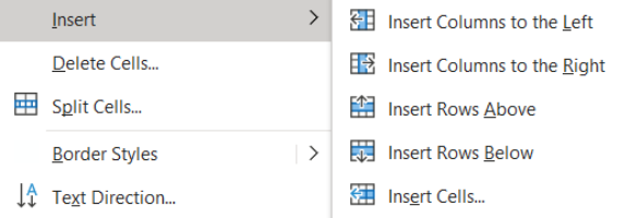 Image showing the right click menu for inserting, deleting or adjusting table cells, rows, and columns