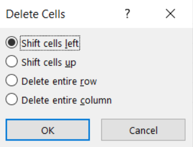 Image showing the delete cells dialog box