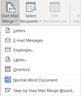 Image showing drop-down menu for the start mail merge command