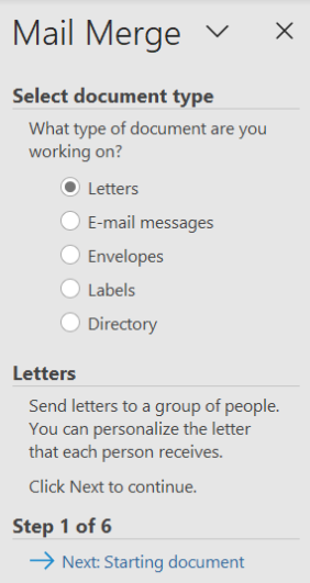 Image showing step one of mail merge, where document type is selected