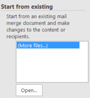 Image showing the dialog box that appears when the existing document option is selected