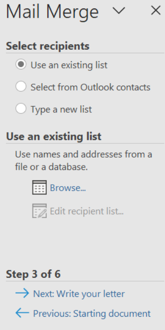 Image showing step three of mail merge, selecting recipients