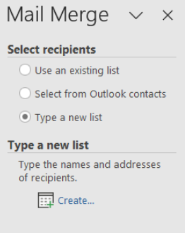 Image showing how to click create to make a new list in mail merge