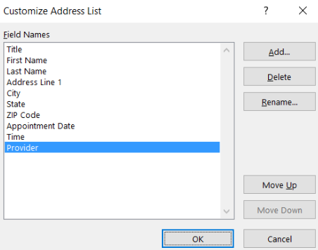 Image showing the customize address list dialog box