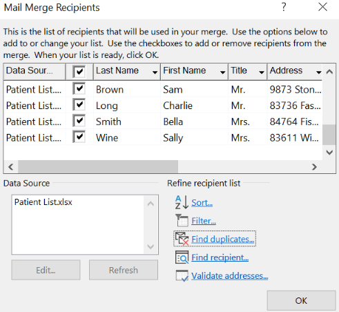 Image showing mail merge recipients dialog box