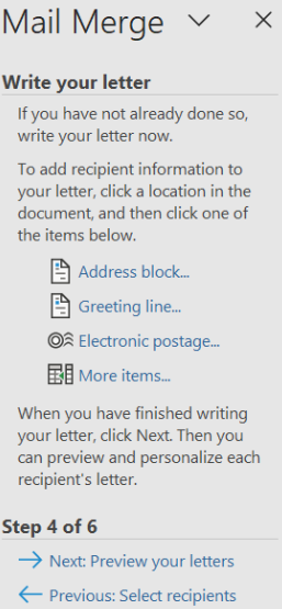 Image showing the write your letter dialog box for mail merge