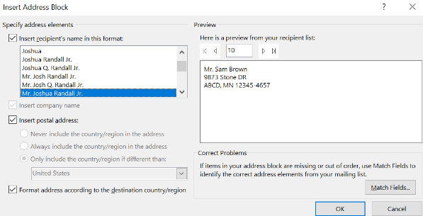 Image showing Insert Address block dialog box