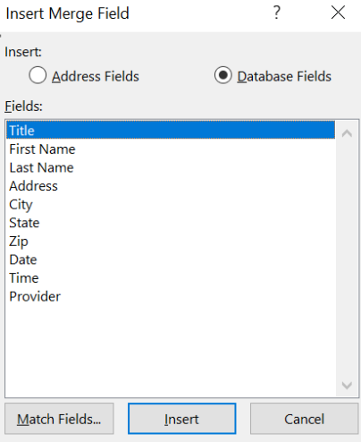 Image showing the list on the insert merge field