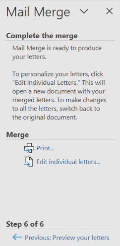 Image showing the complete the merge dialog box