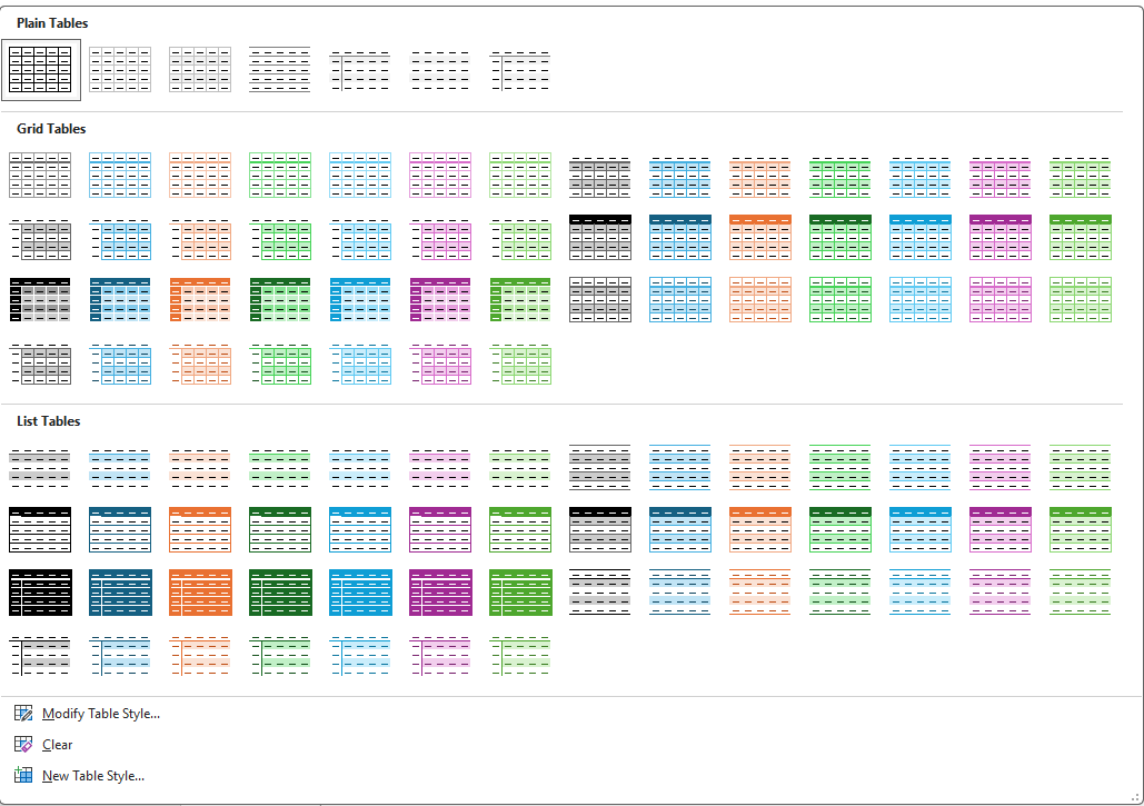 Image showing the expanded table styles gallery