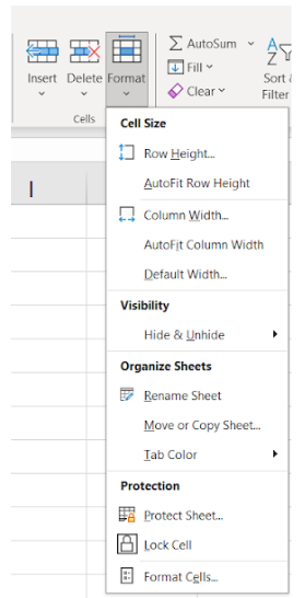 Image showing format dropdown menu in the cells group on the home tab