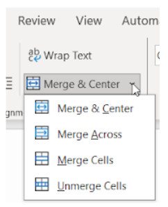 Image showing Merge and center dropdown menu